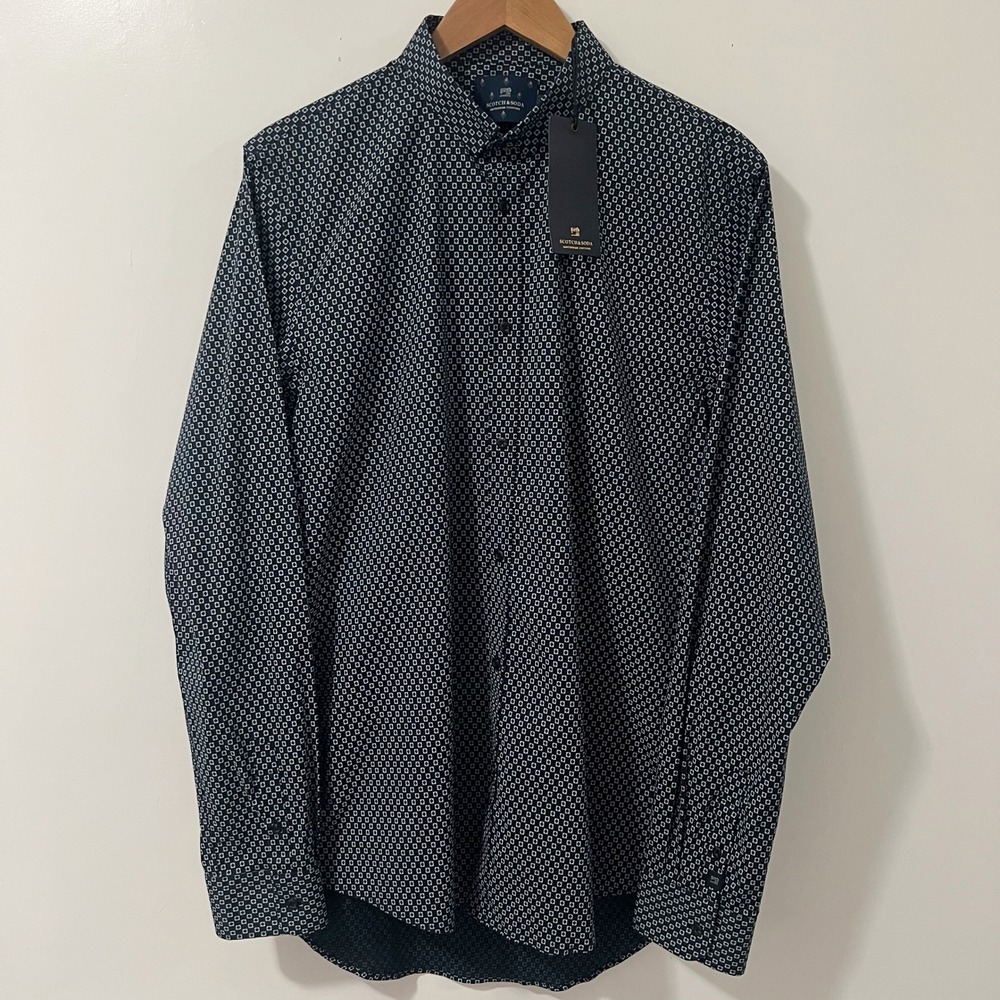 Scotch & Soda Mens Slim Fit Button Down Shirt Navy Geometric Print Large